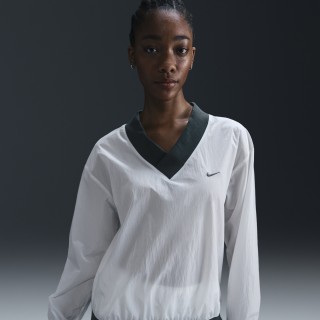 Nike Sportswear Essential ruime, geweven damestop met uv-bescherming lange mouwen en V-hals - Wit