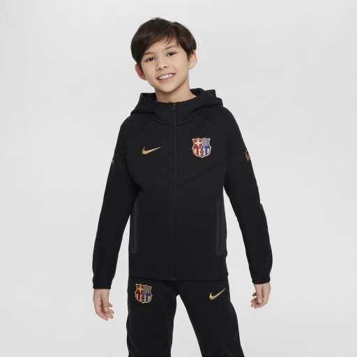 FC Barcelona Tech Fleece Nike voetbalhoodie met rits over de hele lengte voor jongens - Zwart