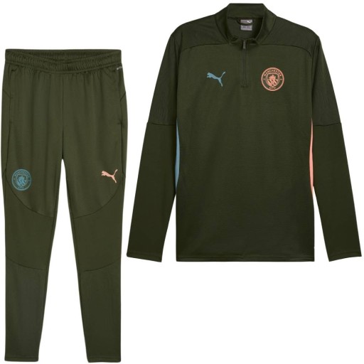 PUMA Manchester City Trainingspak 1/4-Zip 2024-2025 Olijfgroen Lichtblauw Roze